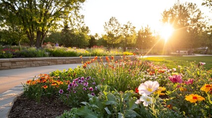 Fototapeta premium Vibrant Garden Blossoms Under Golden Sunrise in Peaceful Neighborhood Park