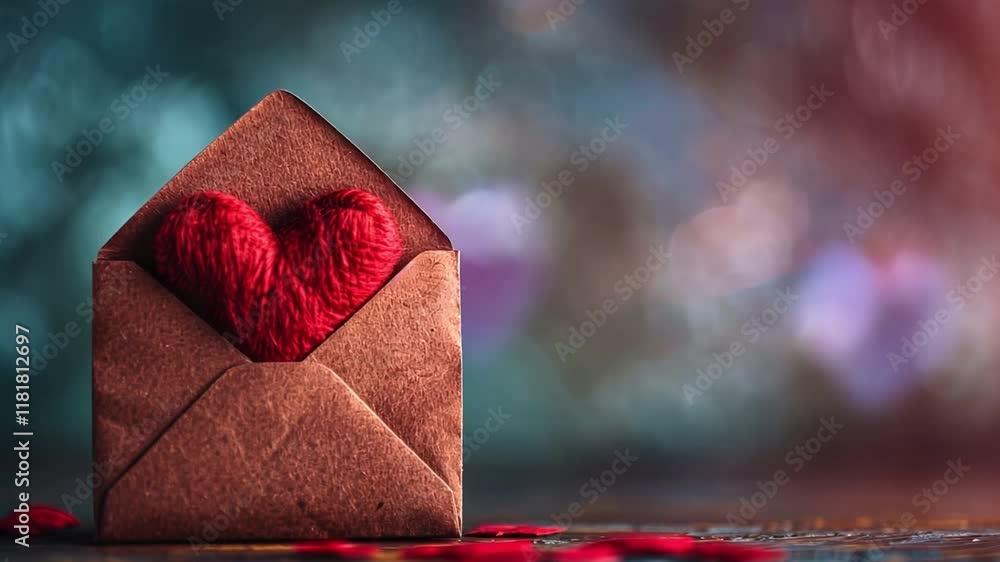 Poster a small brown envelope with a heart made of red yarn rests on a weathered wooden surface. delicate p