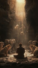 Daniel Kneeling in Prayer in the Lions&rsquo; Den, Surrounded by Calm Lions as Divine Light Streams from Above