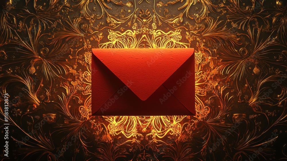 Poster stunning 3d render of a glowing red envelope surrounded by intricate golden patterns in a dark envir