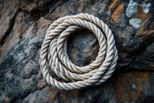 Climbing rope coiled neatly on a rocky trail.