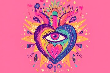 A heart-shaped illustration with Mexican folk art elements, a pink background, green and red colors, turquoise accent