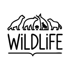  wildlife text with animal silhouettes icon, animals line art, animals vector - simple black line art icon of wildlife text with animal silhouettes perfect for logos, and animals -themed designs.
