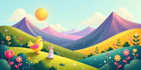 A whimsical spring scene with a cheerful bird and bunny resting on a vibrant hillside