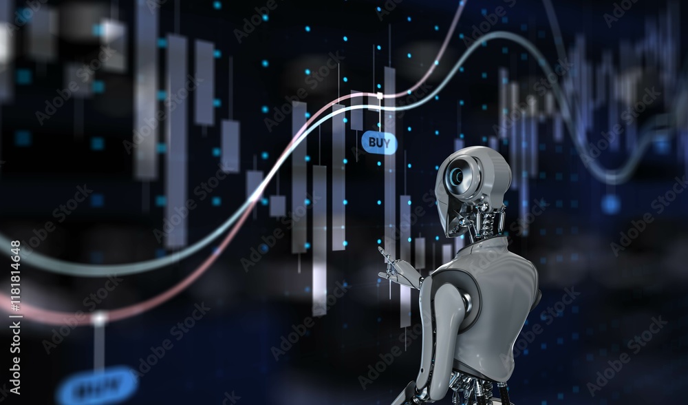 Poster ai-driven trading visualization for stock market predictions. 3d render.