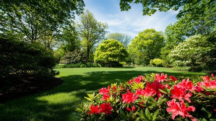Fototapeta premium Scenic Spring Garden with Vibrant Red Flowers and Lush Green Trees in Bloom