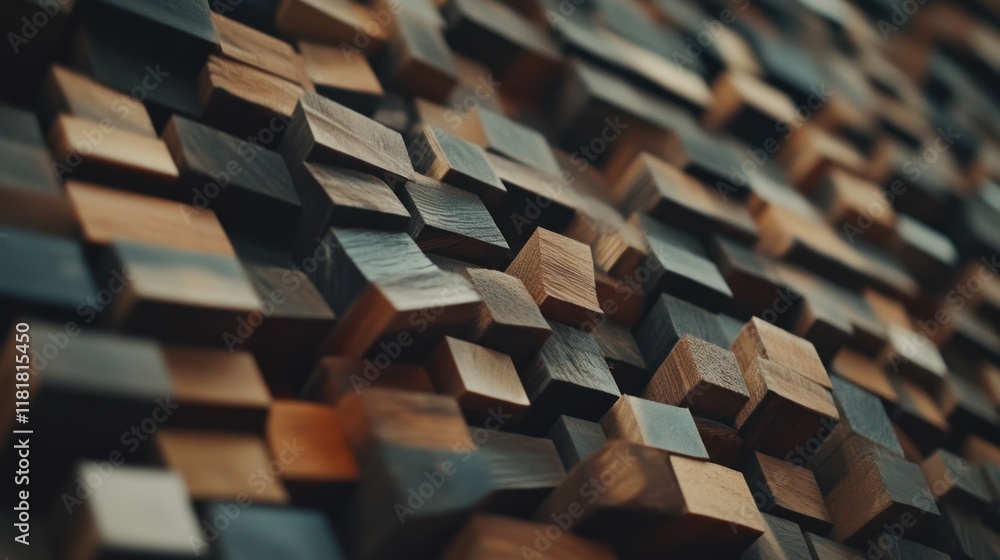 Poster dynamic wooden block structure abstract art installation 3d perspective natural materials artistic e
