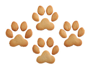 Set of paw print shaped cookies on isolated black background, animal-themed bakery design for pet...