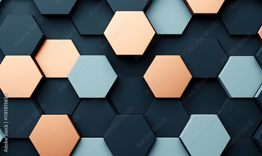 Poster abstract hexagonal pattern background with copper, dark blue, and light grey hexagons. ideal for tec