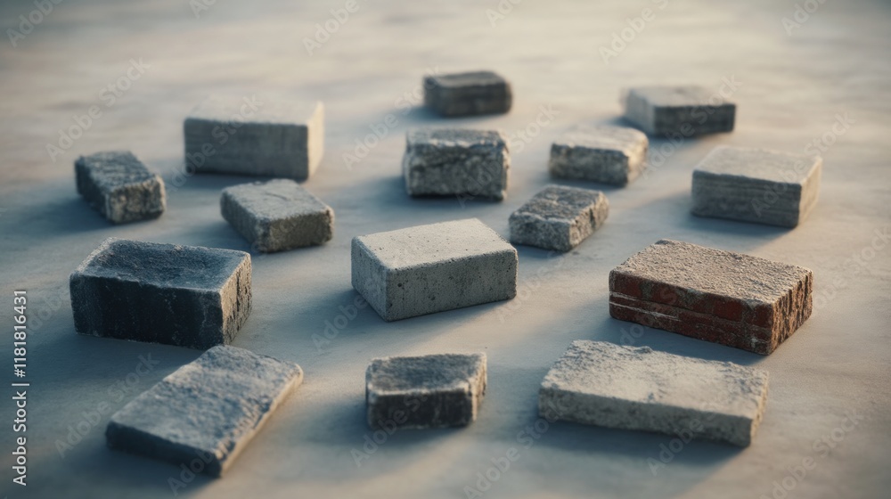 Poster arranging textured bricks open area digital art minimalistic space ground level architectural concep