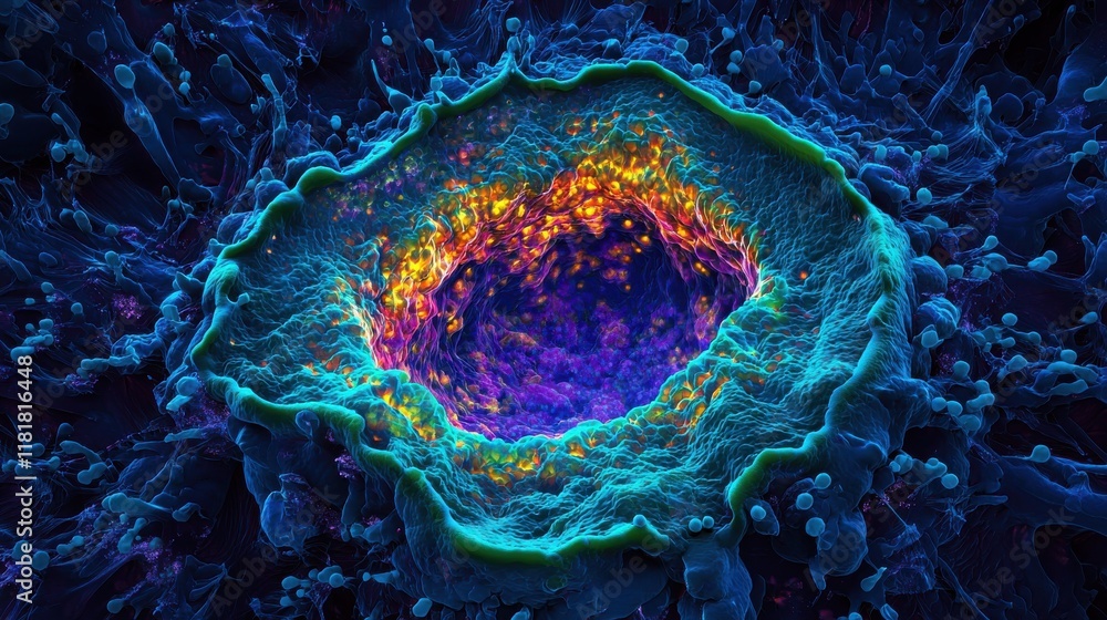 Poster microscopic view of a glowing cell with intricate structures and vibrant colors
