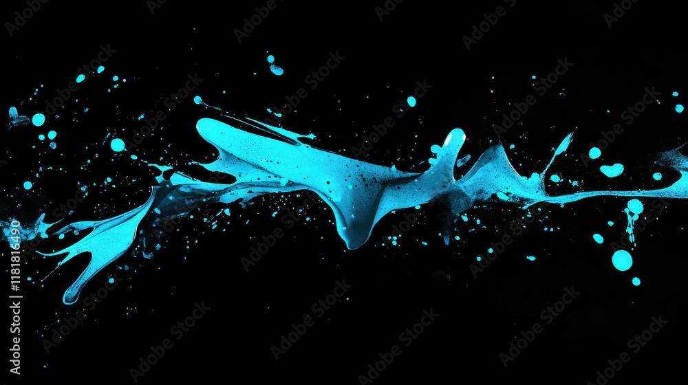 Poster dynamic cyan paint splashes abstract art digital creation black background close-up vibrant visuals