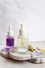 Bakuchiol serum and vitamin C serum in a glass bottles