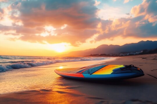 Colorful kite surfing board on the beach at sunset.