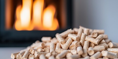 Bioenergy biomass in front of a cozy fireplace with flames visible.