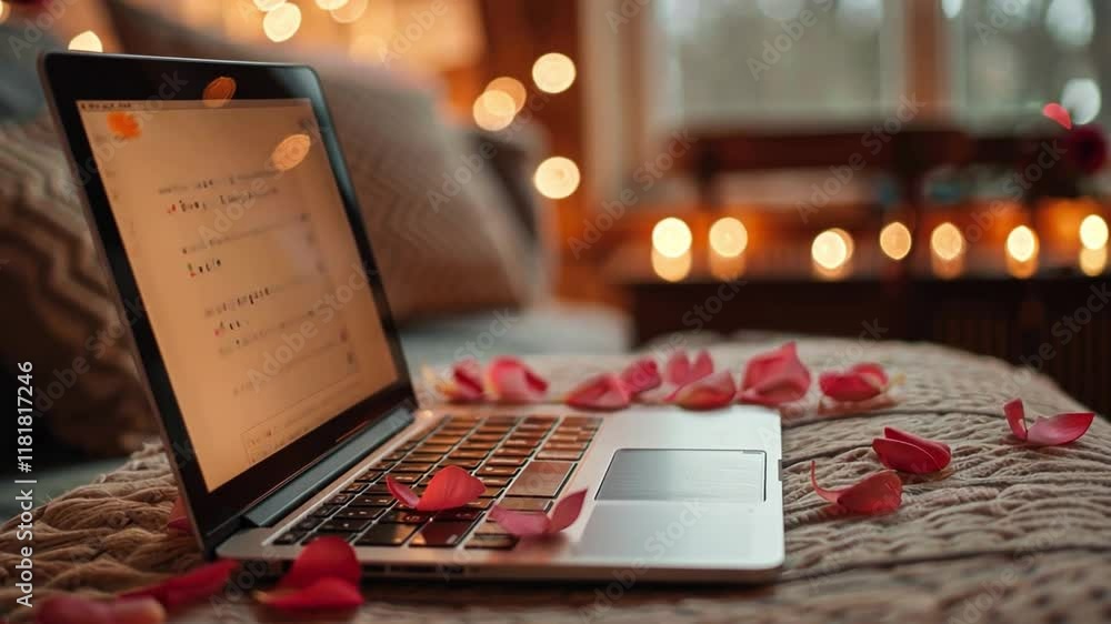 Poster A laptop is placed on a cozy surface surrounded by soft rose petals, creating an intimate atmosphere enhanced by warm, ambient lighting in the background.
