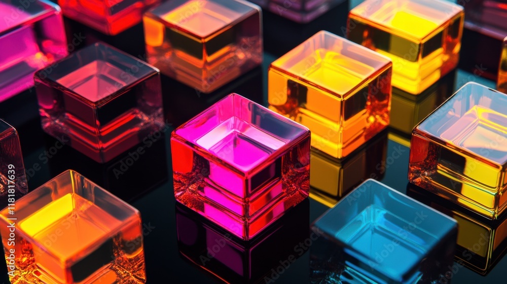 Poster Vibrant transparent rectangular blocks arranged on reflective surface in gradient colors