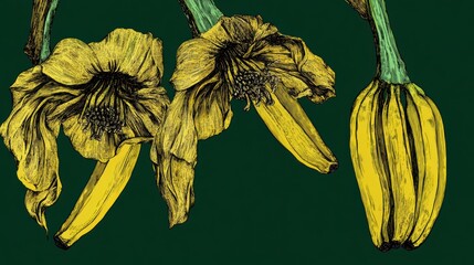 Stunning Yellow Floral and Banana Illustration on Dark Green Background