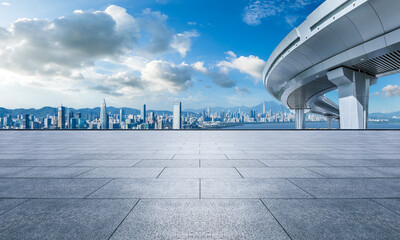 Empty square floor and bridge with modern city buildings scenery in Shenzhen, China. Outdoor city...