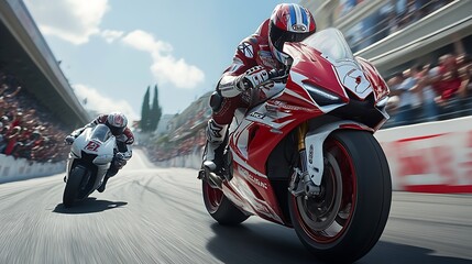 Two motorcycle racers speed through city streets, crowds cheering.