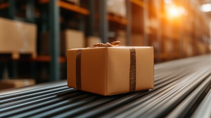 Package traveling on conveyor belt in busy warehouse at sunset glow