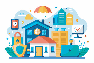 Fototapeta premium Illustration of a blue house with symbols of security and smart home tech. Shield, laptop, umbrella symbolize protection and tech integration.