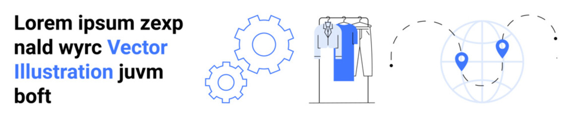 Gear mechanisms rotating, clothing items on a rack, and a globe with location markers surrounded by dotted lines. Ideal for technology, fashion, logistics, global business, data analysis, industry