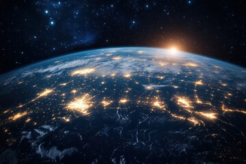 Obraz premium View of Earth from space with glowing city lights and sunrise over the horizon