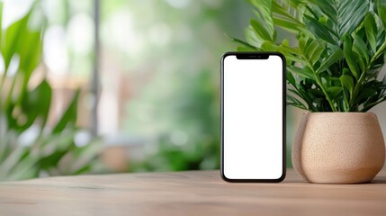 Minimalist phone display amidst greenery in cozy indoor setting