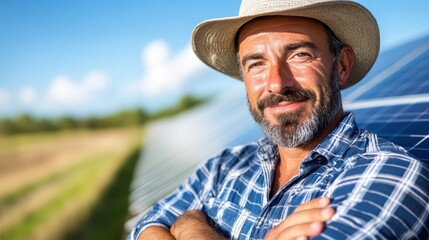 Fototapeta premium Expert technician working on photovoltaic panels in a sunny field