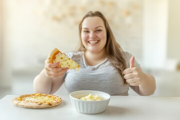 A cheerful woman enjoys her pizza while showcasing creamy sauces. This image reflects a balance between indulgence and a ketogenic diet for weight loss success.