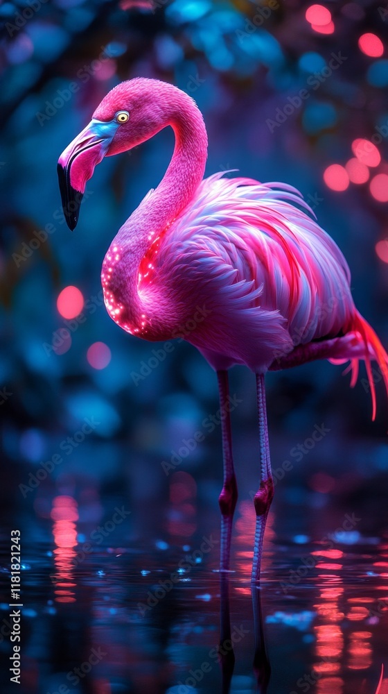 Poster a stunning flamingo stands gracefully in a serene lagoon, adorned with vibrant, glowing neon pattern