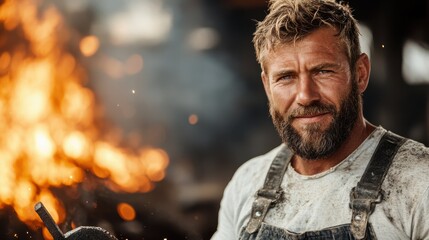 Master blacksmith at work by the thriving forge with glowing iron