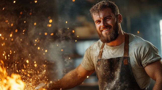 Blacksmith crafts glowing iron rod by the roaring forge in warm light