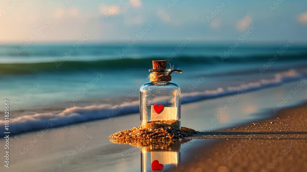 Poster a glass bottle with a heart-shaped note sits on a sandy beach, illuminated by the warm glow of sunse