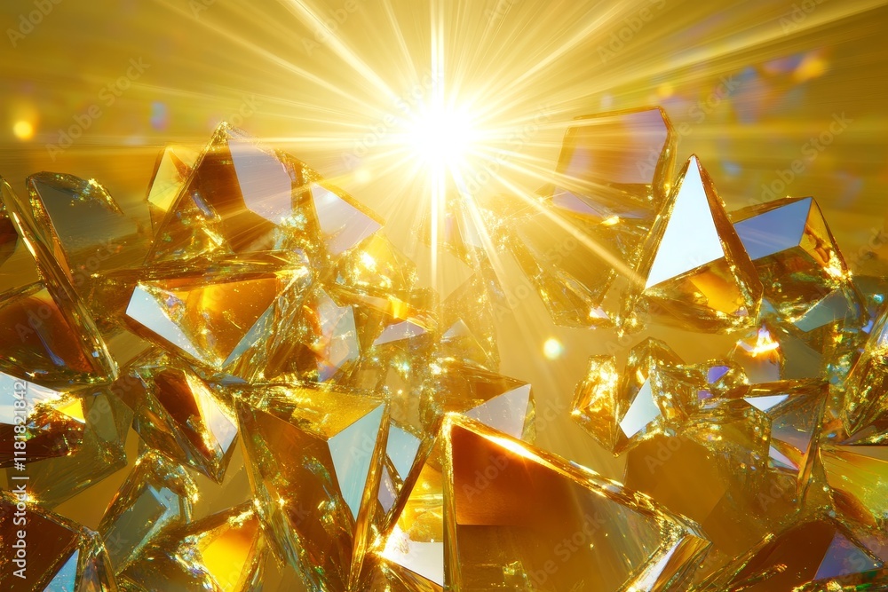 Poster shimmering golden crystals reflecting light with bright rays creating a magical and captivating spar