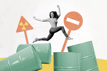 Composite creative art collage of happy girl run poison nuclear waste environment danger forbidden...