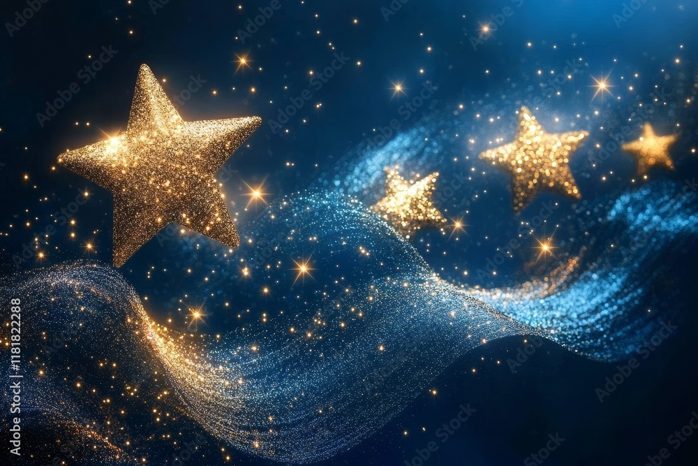 Aufkleber shimmering golden stars with sparkling trails against a deep blue background creating a magical and 
