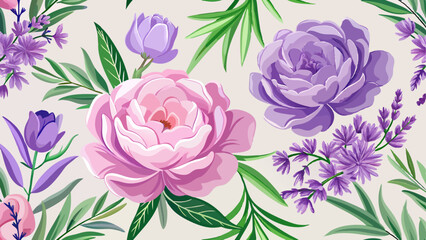 Floral arrangement with accents of purple and pink shades on a light background