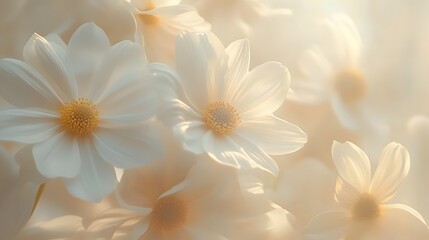 Obraz premium A close-up of blooming white daisies swaying gently in the breeze with the daisysoftly blurred background.