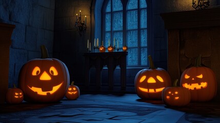 Enchanted Halloween Night: Jack-o'-lanterns Illuminate an Old Castle