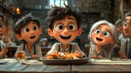 Joyful Children Dining Together at a Festive Table in a Cartoon Style