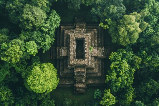 Koh ker temple emerging from lush green jungle in cambodia, aerial view