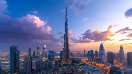Obraz premium Impressive skyline of Dubai with iconic skyscraper at sunset
