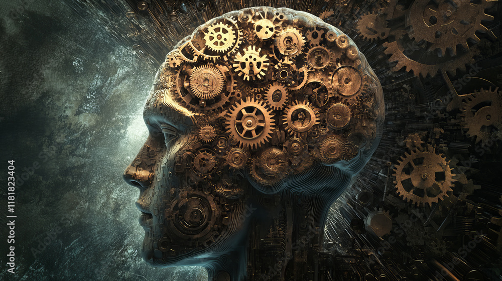 Poster human head with gears and pinions. concept of working brain. jpeg version also available in gallery