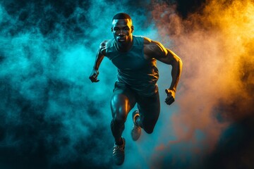 Powerful male athlete running through smoke during intense workout