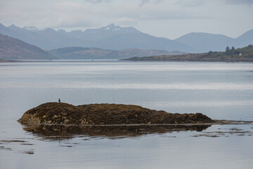 Serene Scottish landscape featuring an isolated rock formation surrounded by calm waters and distant mountains during a cloudy day