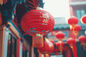 A close-up of the traditional red lantern that hangs on the right in front of the other lanterns...