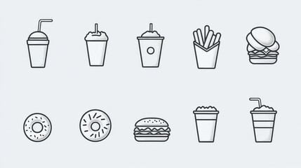 Fast food thin line icons of burgers, sandwiches or pizza and ice cream. Vector isolated Mexican tacos or burrito, chocolate donut or soda and chicken grill leg or popcorn for fastfood restaurant menu