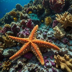 A starfish with golden hues on a bed of colorful coral, surrounded by the lively ocean.